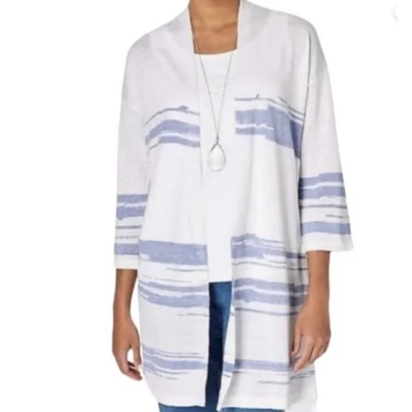 J.Jill Pure Jill Collection White Blue Linen Open Front Duster Cardigan Plus siz - Picture 1 of 13